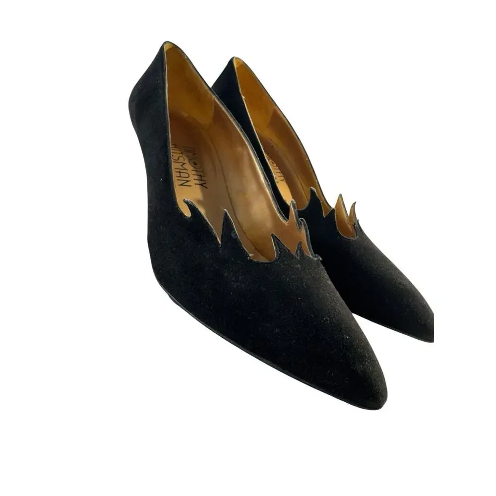 Vintage Timothy‎ Hitsman Women Suede Leather Heels Scalloped Waves Black 6.5M